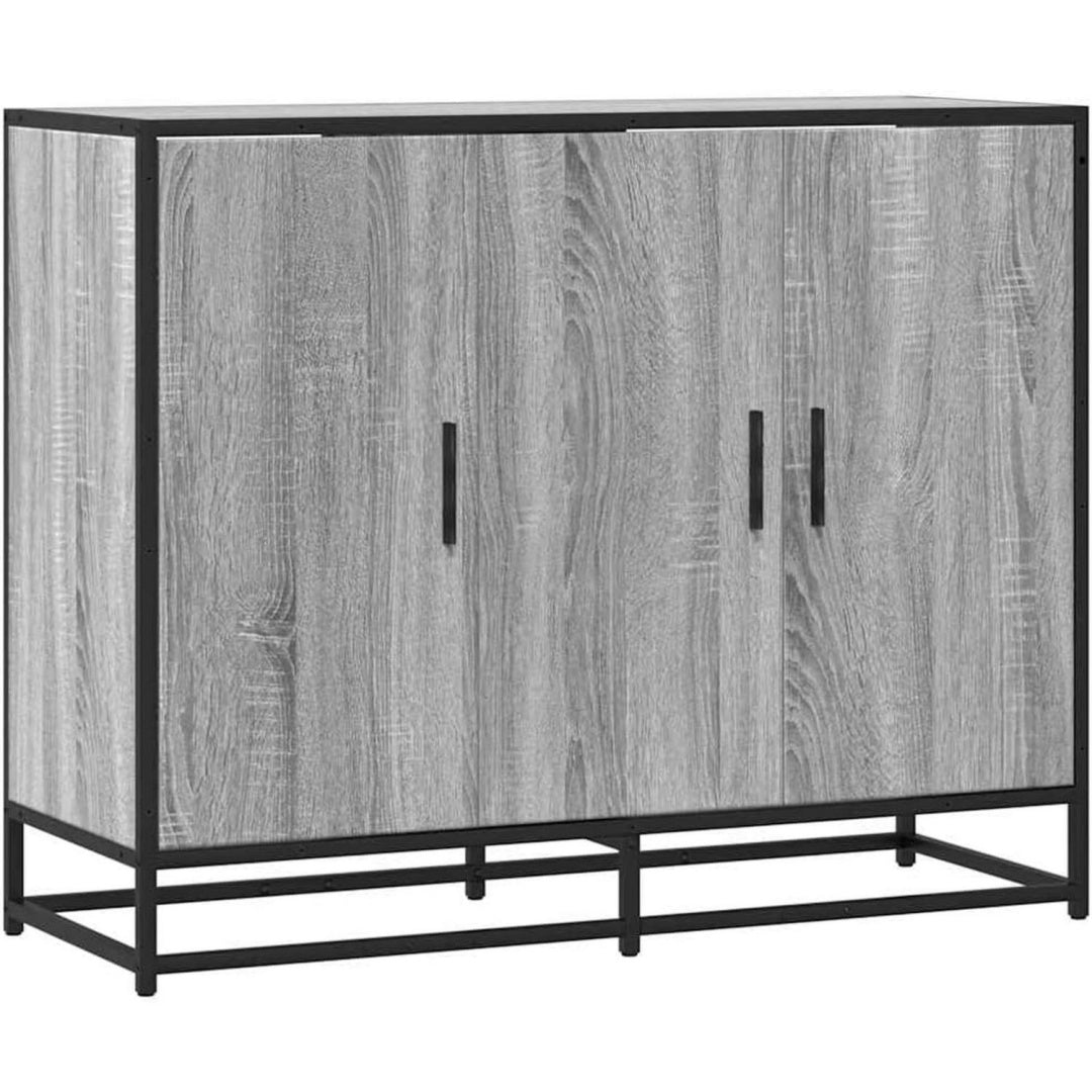 Ein Metallgestell praegt das Sideboard aus Holzwerkstoff