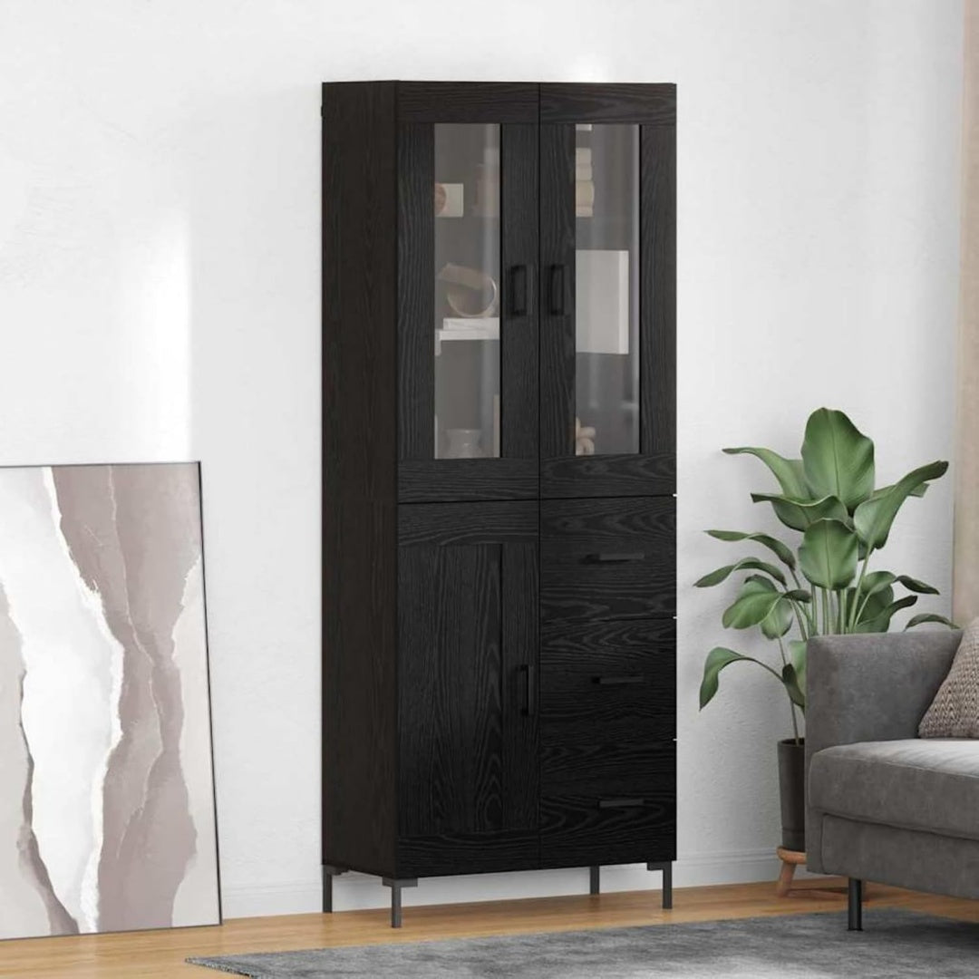 Hochschrank in Schwarz und Eichenbraun mit Glastueren