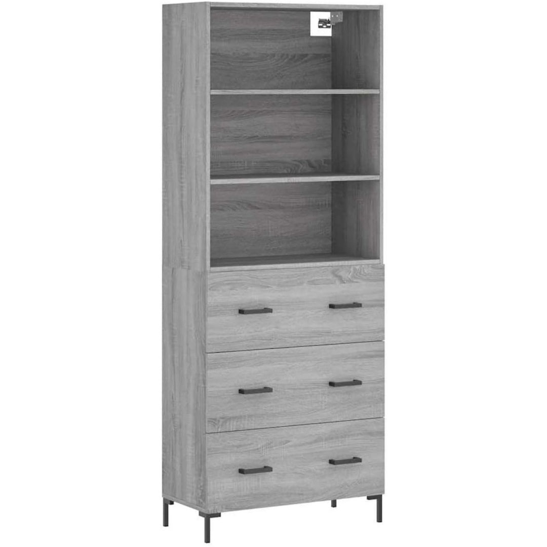 Das Sideboard misst 69.5 x 34 x 180 cm in Eichenbraun und Grau