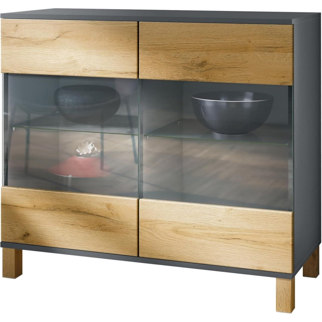 Sideboard mit matten Oberflaechen, beschichteten Flaechen und grifflosen Fronten