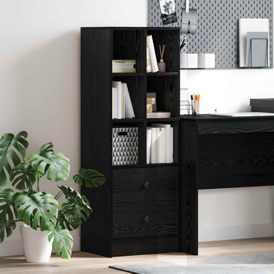Hochschrank mit den Massen 45.5 x 34 x 127 cm in Schwarz und Eichenbraun